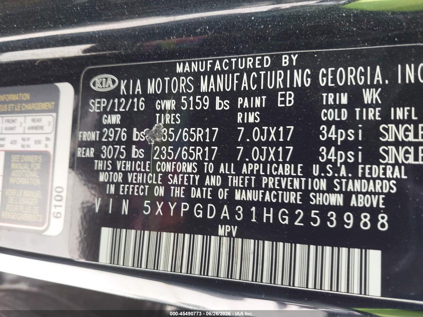2017 Kia Sorento VIN 5XYPGDA31HG253988 IAAI salvage auction — NORMAL WEAR, Clear (Arizona), sold $2,850 on 2026-07-28 (photo 9)