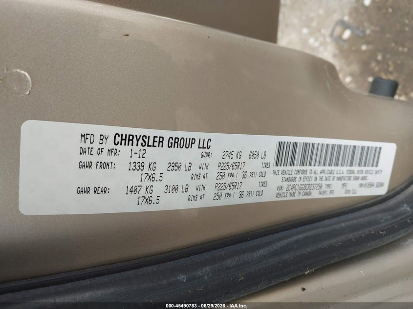 2012 Chrysler Town & country VIN 2C4RC1GG9CR237250 IAAI salvage auction — NORMAL WEAR, Clear-Endorsement (Wisconsin), sold $275 on 2026-07-11 (photo 9)