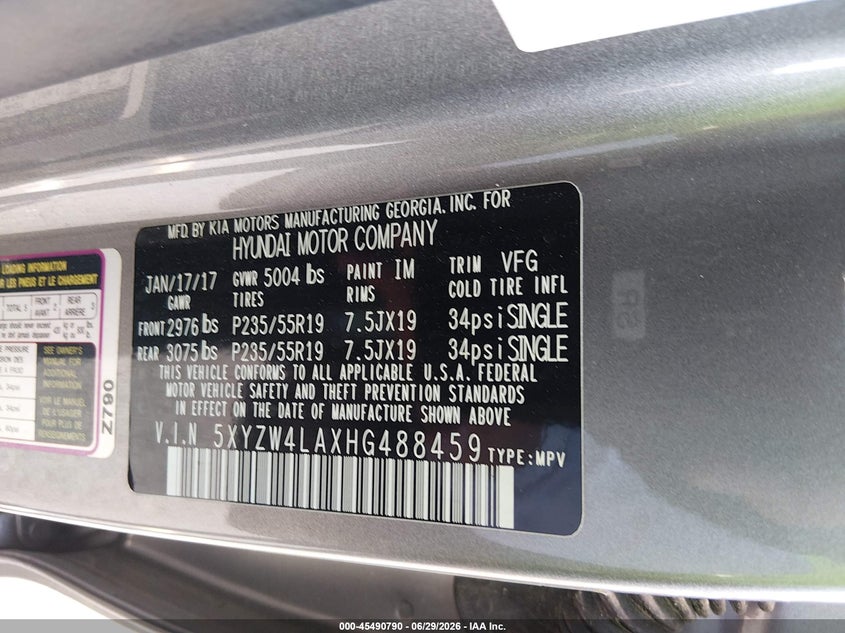 2017 Hyundai Santa fe VIN 5XYZW4LAXHG488459 IAAI salvage auction — FRONT & REAR, Salvage Title, sold $3,450 on 2026-08-02 (photo 9)