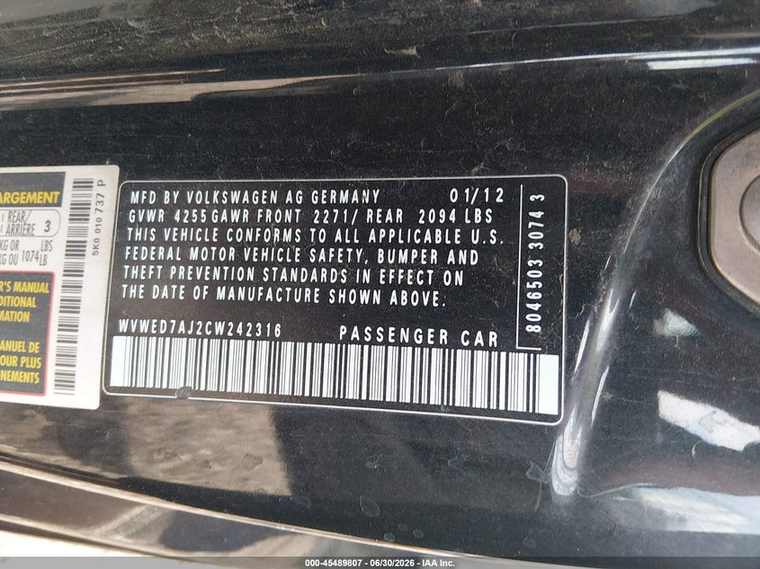 2012 Volkswagen Gti VIN WVWED7AJ2CW242316 IAAI salvage auction — LEFT SIDE, Salvage (Ohio), sold $1,250 on 2026-07-15 (photo 9)