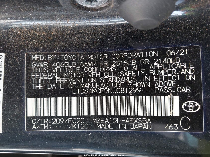 2022 Toyota Corolla VIN JTDS4MCE9NJ081299 IAAI salvage auction — NORMAL WEAR, Clear (Texas), sold $8,250 on 2026-07-30 (photo 9)
