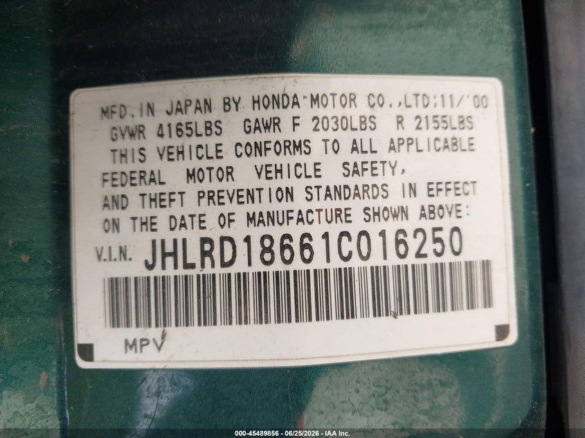 2001 Honda Cr-v VIN JHLRD18661C016250 IAAI salvage auction — FRONT END, Salvage (California), sold $875 on 2026-07-08 (photo 9)