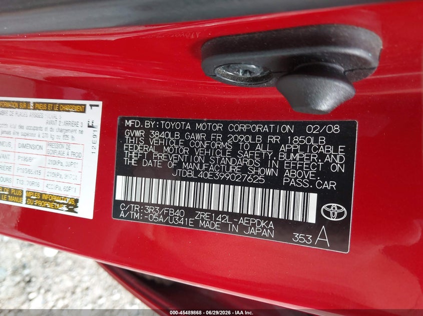 2009 Toyota Corolla VIN JTDBL40E399027625 IAAI salvage auction — LEFT FRONT, Salvage (Pennsylvania), sold $1,900 on 2026-07-14 (photo 9)