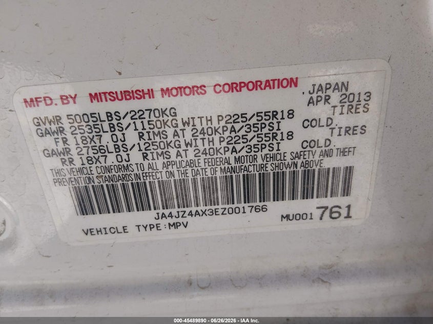 2014 Mitsubishi Outlander VIN JA4JZ4AX3EZ001766 IAAI salvage auction — FRONT END, Salvage (Utah), sold $275 on 2026-07-30 (photo 9)