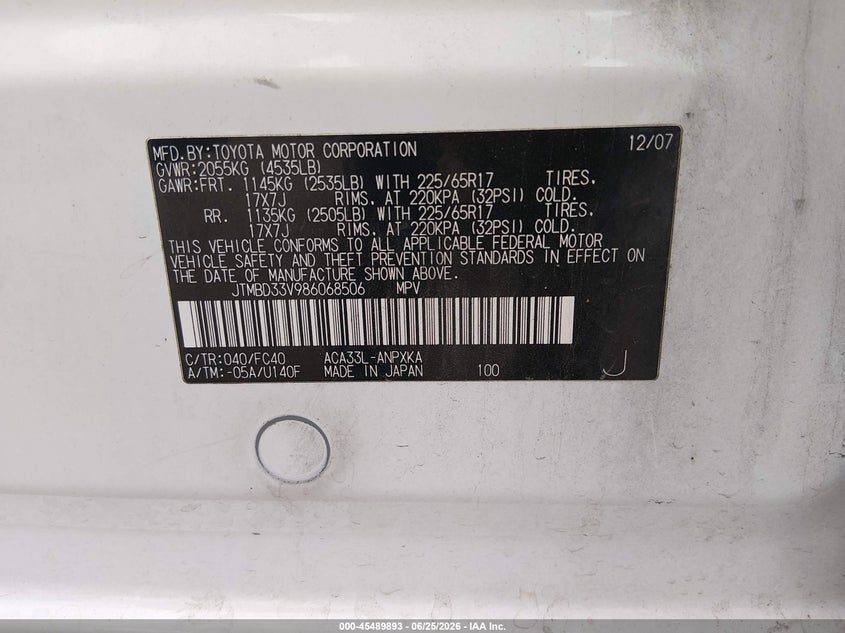 2008 Toyota Rav4 VIN JTMBD33V986068506 IAAI salvage auction — NORMAL WEAR, Clear-Dealer Only (Arizona), sold $1,375 on 2026-07-14 (photo 9)