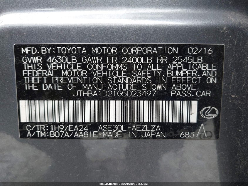 2016 Lexus Is VIN JTHBA1D21G5023497 IAAI salvage auction — ROOF, Salvage Title, sold $8,800 on 2026-07-22 (photo 9)