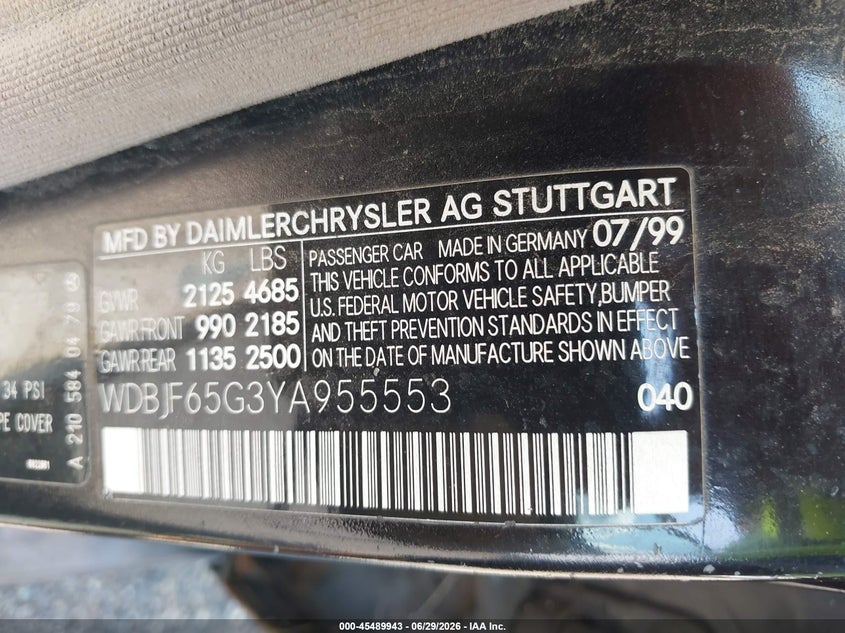 2000 Mercedes-benz E-class VIN WDBJF65G3YA955553 IAAI salvage auction — FRONT END, Salvage (Ohio), sold $25 on 2026-07-27 (photo 9)