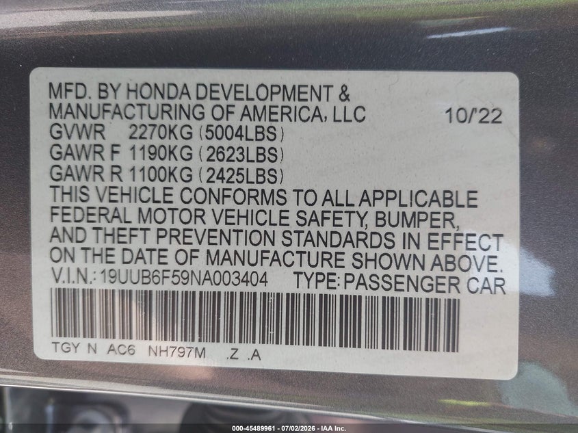 2022 Acura Tlx VIN 19UUB6F59NA003404 IAAI salvage auction — THEFT, Salvage (Illinois), sold $13,800 on 2026-08-17 (photo 9)