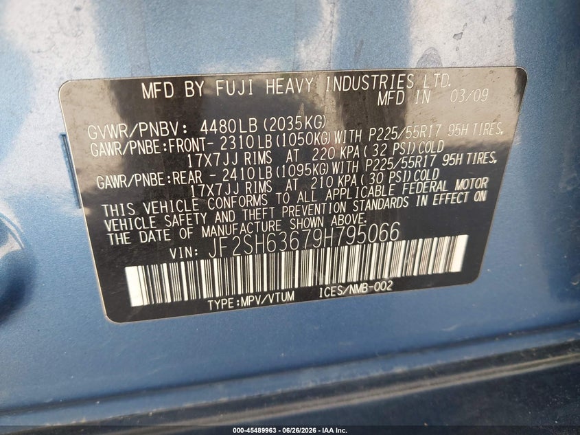 2009 Subaru Forester VIN JF2SH63679H795066 IAAI salvage auction — NORMAL WEAR, Original (Texas), sold $350 on 2026-07-21 (photo 9)