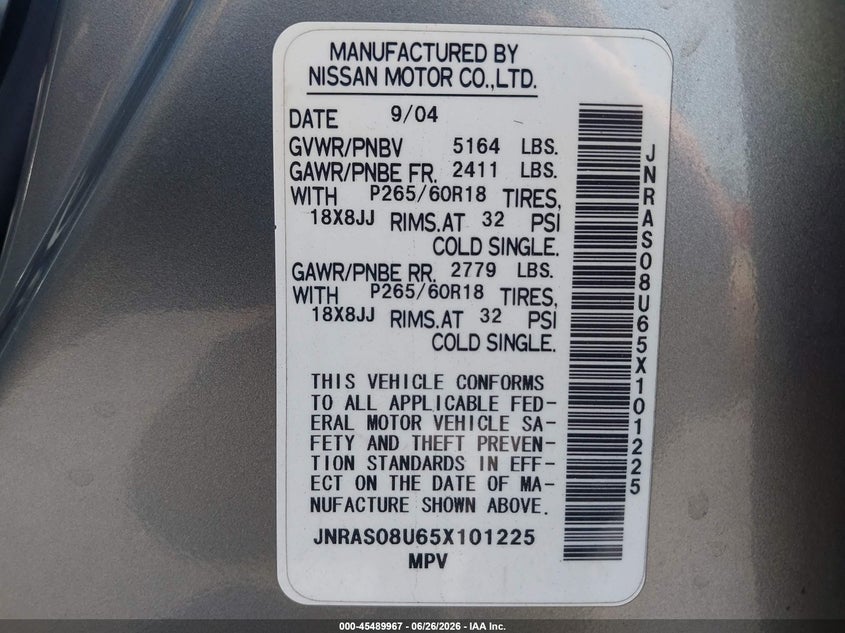 2005 Infiniti Fx35 VIN JNRAS08U65X101225 IAAI salvage auction — FRONT END, Salvage (California), sold $925 on 2026-07-06 (photo 9)