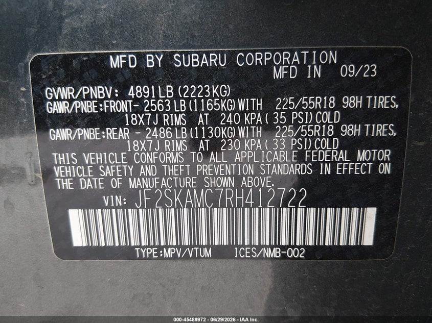 2024 Subaru Forester VIN JF2SKAMC7RH412722 IAAI salvage auction — HAIL, Salvage Title, sold $16,300 on 2026-09-01 (photo 9)