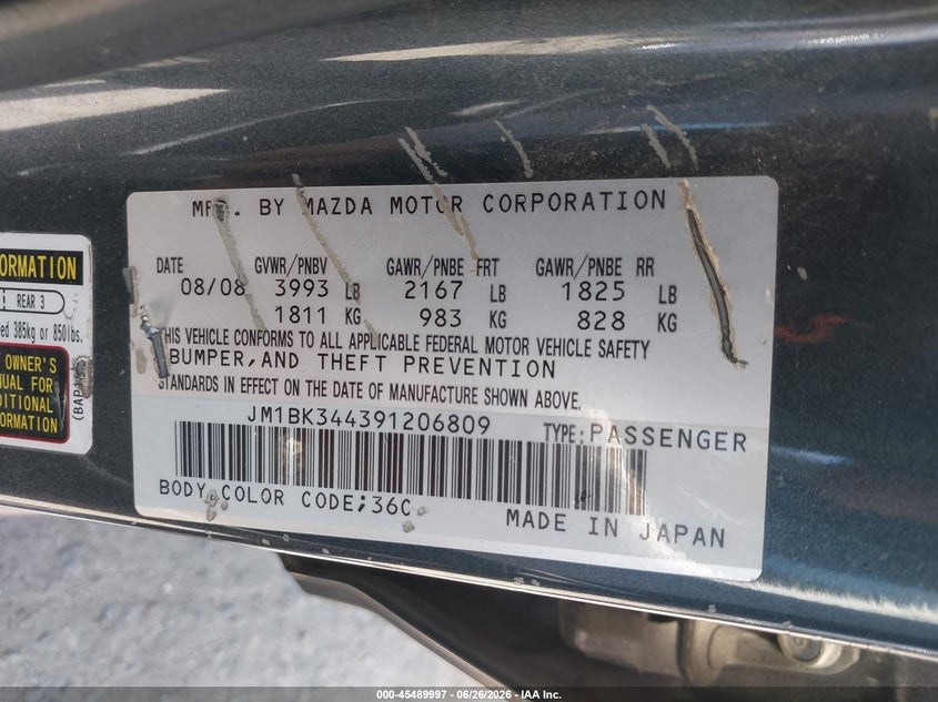 2009 Mazda 3 VIN JM1BK344391206809 IAAI salvage auction — RIGHT FRONT, Salvage (California), sold $750 on 2026-07-28 (photo 9)