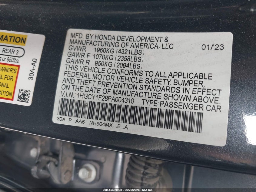 2023 Honda Accord VIN 1HGCY1F28PA004310 IAAI salvage auction — FRONT END, Salvage (California), sold $3,550 on 2026-07-11 (photo 9)