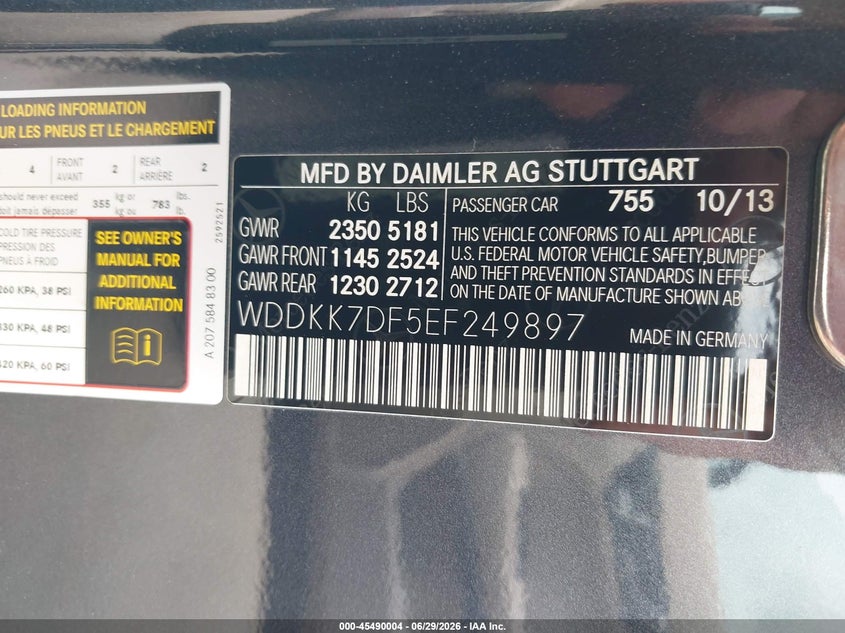 2014 Mercedes-benz E-klasse VIN WDDKK7DF5EF249897 IAAI salvage auction — FRONT END, Salvage Title, sold $3,700 on 2026-07-28 (photo 9)