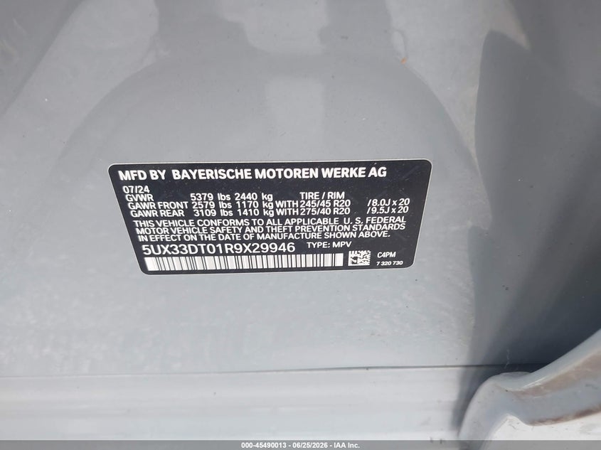 2024 BMW X4 VIN 5UX33DT01R9X29946 IAAI salvage auction — ALL OVER, Clear (Florida), sold $12,800 on 2026-07-30 (photo 9)