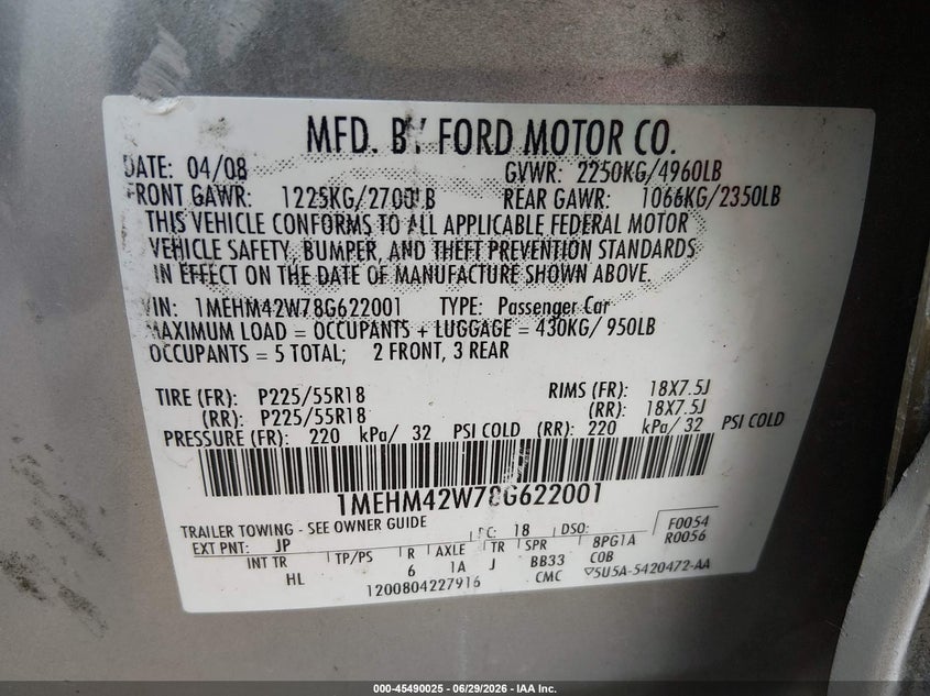 2008 Mercury Sable VIN 1MEHM42W78G622001 IAAI salvage auction — LEFT SIDE, Salvage (Ohio), sold $300 on 2026-09-30 (photo 9)