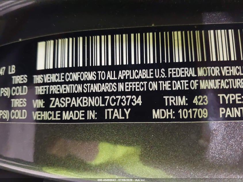 2020 Alfa romeo Stelvio VIN ZASPAKBN0L7C73734 IAAI salvage auction — REAR END, Salvage Title, sold $10,600 on 2026-08-09 (photo 9)
