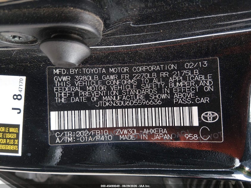 2013 Toyota Prius VIN JTDKN3DU6D5596636 IAAI salvage auction — REAR END, Salvage (California), sold $775 on 2026-07-21 (photo 9)