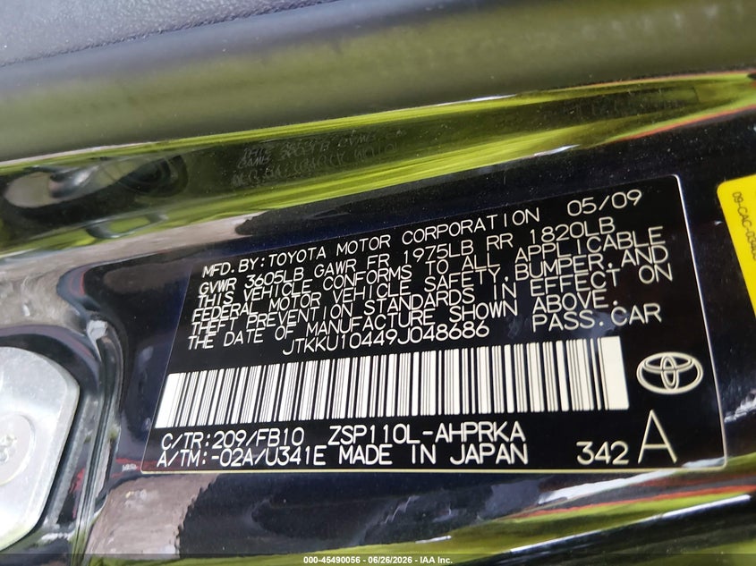 2009 Scion Xd VIN JTKKU10449J048686 IAAI salvage auction — SIDE, Clear (Indiana), sold $475 on 2026-07-29 (photo 9)