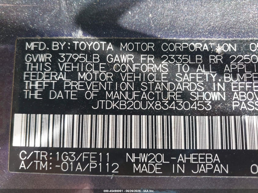 2008 Toyota Prius VIN JTDKB20UX83430453 IAAI salvage auction — NORMAL WEAR, Clear (Virginia), sold $950 on 2026-07-06 (photo 9)