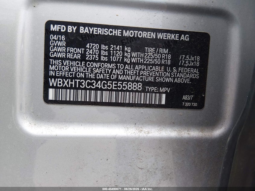 2016 BMW X1 VIN WBXHT3C34G5E55888 IAAI salvage auction — FRONT END, Salvage (California), sold $2,500 on 2026-07-13 (photo 9)