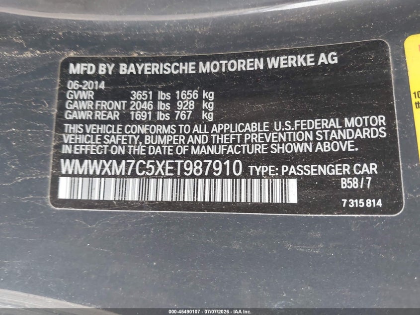 2014 Mini Hard top VIN WMWXM7C5XET987910 IAAI salvage auction — SIDE, Salvage (Pennsylvania), sold $1,375 on 2026-07-17 (photo 9)