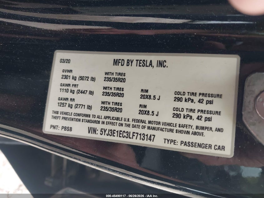 2020 Tesla Model 3 VIN 5YJ3E1EC3LF713147 IAAI salvage auction — FRONT END, Salvage (Texas), sold $5,800 on 2026-07-27 (photo 9)