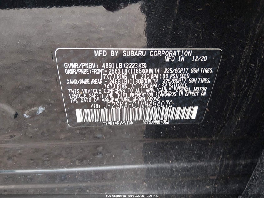 2021 Subaru Forester VIN JF2SKAFC1MH484070 IAAI salvage auction — LEFT REAR, Salvage (Pennsylvania), sold $250 on 2026-07-31 (photo 9)