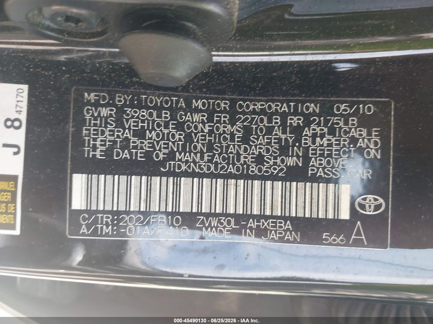 2010 Toyota Prius VIN JTDKN3DU2A0180592 IAAI salvage auction — NORMAL WEAR, Clear (Georgia), sold $1,450 on 2026-07-23 (photo 9)