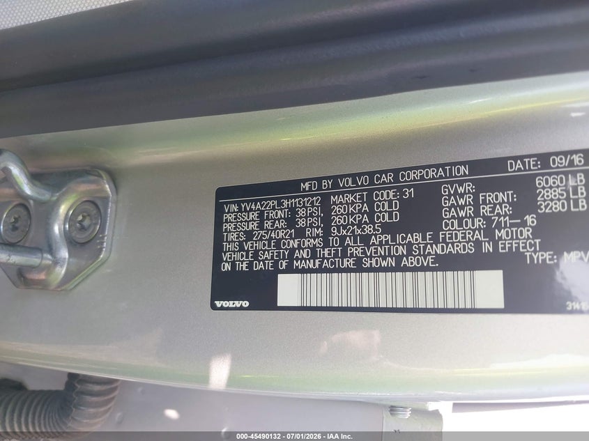 2017 Volvo Xc90 VIN YV4A22PL3H1131212 IAAI salvage auction — ELECTRICAL, Mv-907A (New York), sold $4,450 on 2026-08-11 (photo 9)