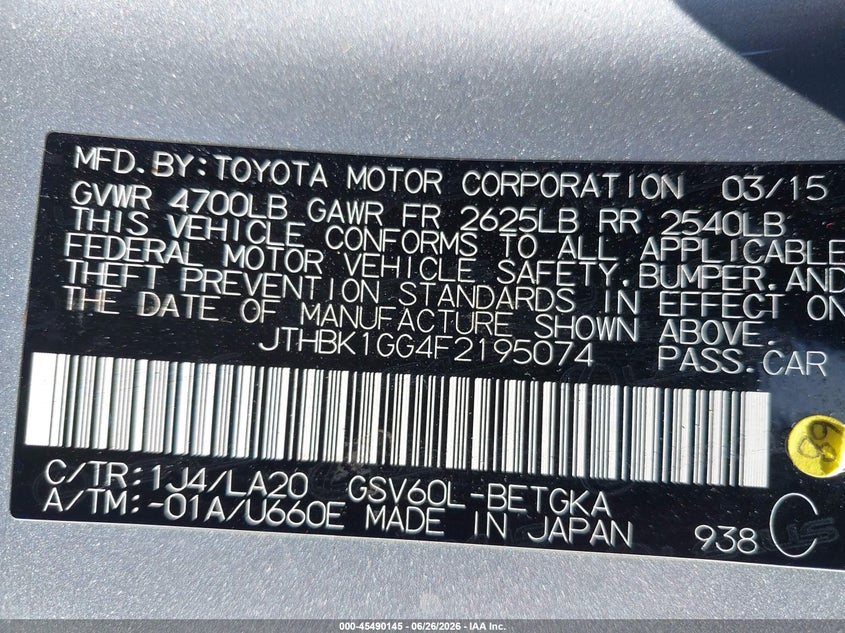 2015 Lexus ES VIN JTHBK1GG4F2195074 IAAI salvage auction — FRONT END, Salvage Title, sold $2,000 on 2026-08-02 (photo 9)