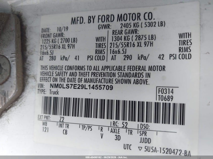 2020 Ford Transit VIN NM0LS7E29L1455709 IAAI salvage auction — FRONT END, Enterprise Vehicles Clear Only (Texas), sold $2,050 on 2026-07-13 (photo 9)