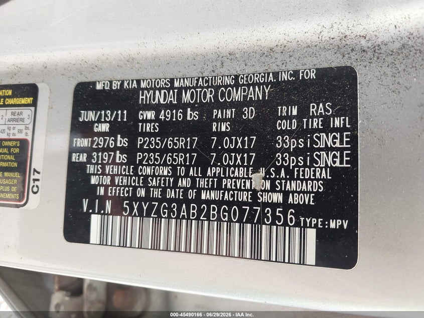 2011 Hyundai Santa fe VIN 5XYZG3AB2BG077356 IAAI salvage auction — NORMAL WEAR, Original (Ohio), sold $425 on 2026-07-29 (photo 9)