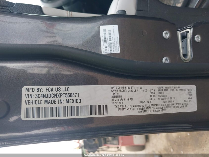 2023 Jeep Compass VIN 3C4NJDCNXPT550871 IAAI salvage auction — FRONT END, Salvage (Michigan), sold $3,050 on 2026-07-20 (photo 9)
