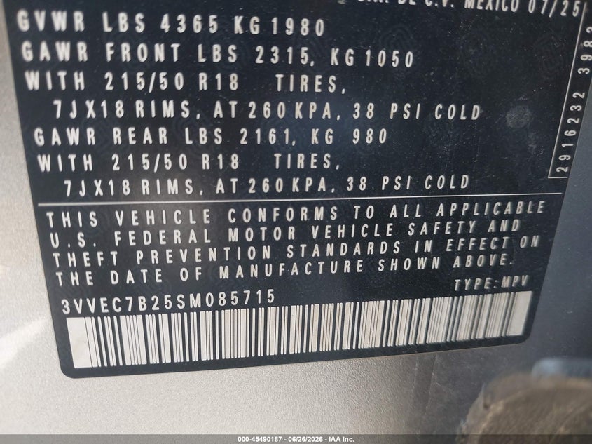2025 Volkswagen Taos VIN 3VVEC7B25SM085715 IAAI salvage auction — SIDE, Salvage Title, sold $8,300 on 2026-08-22 (photo 9)