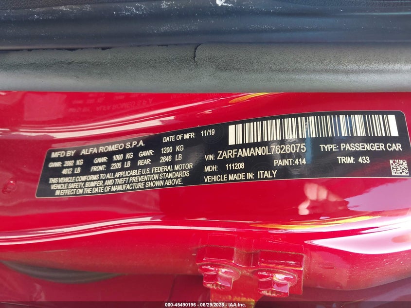 2020 Alfa romeo Giulia VIN ZARFAMAN0L7626075 IAAI salvage auction — Burn Engine, Certificate Of Destruction (Florida), sold $2,150 on 2026-07-10 (photo 9)