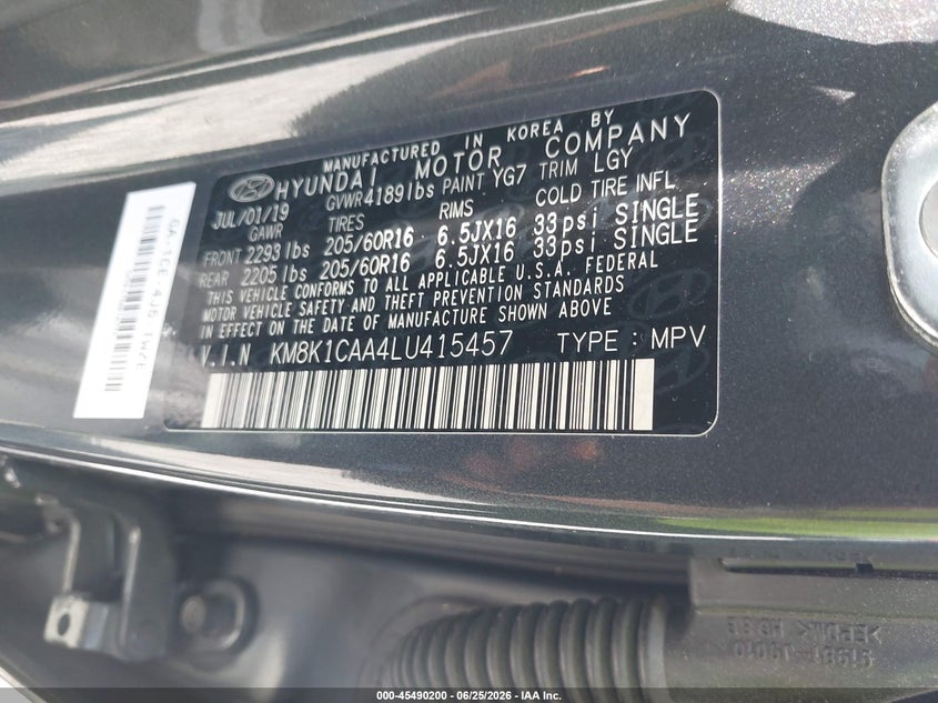 2020 Hyundai Kona VIN KM8K1CAA4LU415457 IAAI salvage auction — NORMAL WEAR, SF97 (Virginia), sold $10,850 on 2026-07-22 (photo 9)