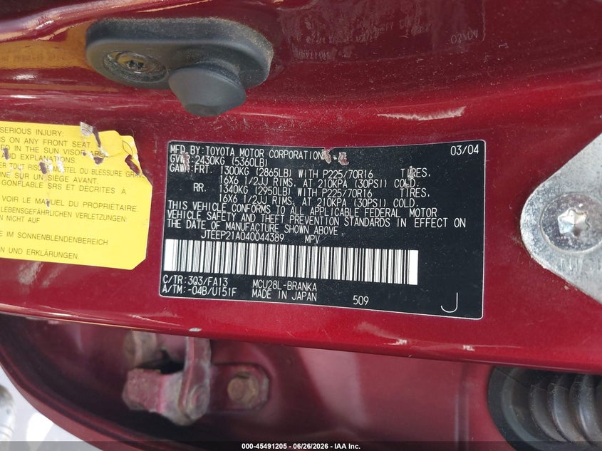2004 Toyota Highlander VIN JTEEP21A040044389 IAAI salvage auction — NORMAL WEAR, Clear (New York), sold $250 on 2026-07-15 (photo 9)
