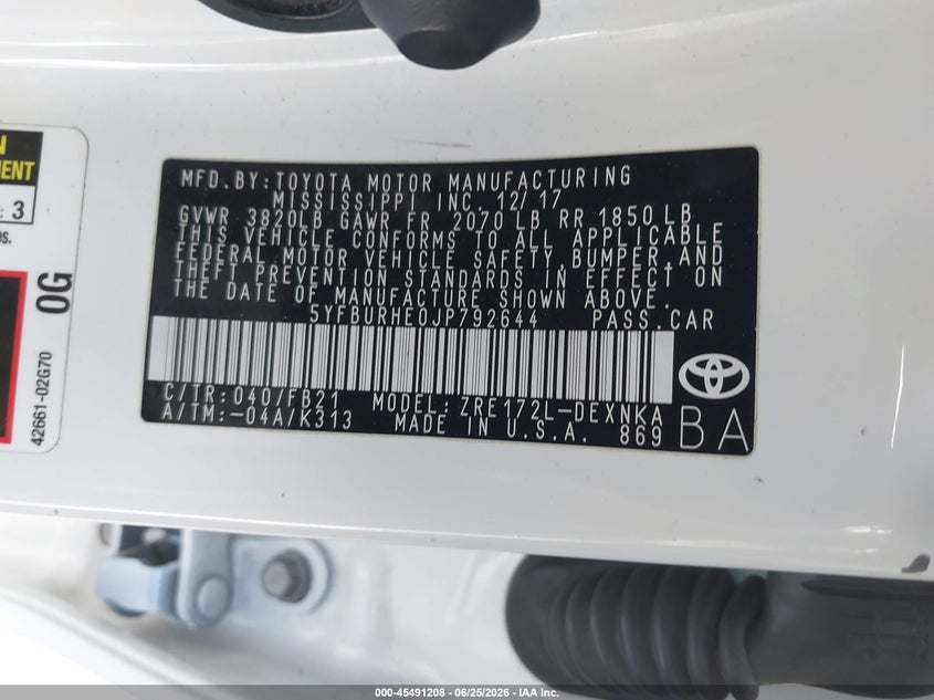2018 Toyota Corolla VIN 5YFBURHE0JP792644 IAAI salvage auction — FRONT END, Salvage Title, sold $25 on 2026-07-22 (photo 9)