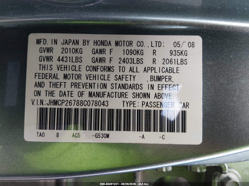 2008 Honda Accord VIN JHMCP26788C078043 IAAI salvage auction — NORMAL WEAR, Original (Texas), sold $900 on 2026-07-15 (photo 9)