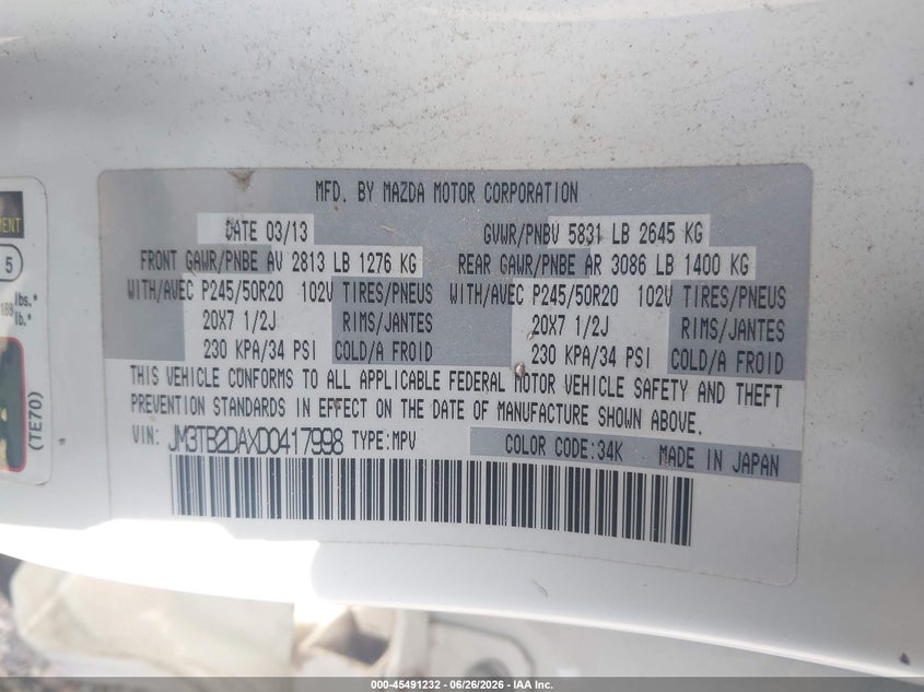 2013 Mazda Cx-9 VIN JM3TB2DAXD0417998 IAAI salvage auction — NORMAL WEAR, Original (Texas), sold $275 on 2026-07-17 (photo 9)