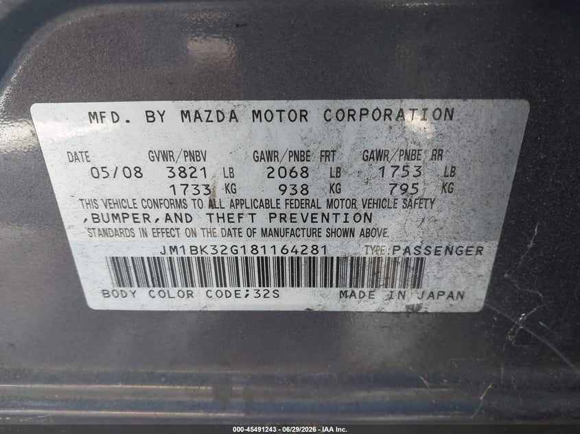 2008 Mazda 3 VIN JM1BK32G181164281 IAAI salvage auction — NORMAL WEAR, Clear - Dealer Only (California), sold $450 on 2026-07-09 (photo 9)