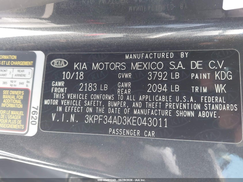 2019 Kia Forte VIN 3KPF34AD3KE043011 IAAI salvage auction — REAR END, Salvage Title, sold $3,500 on 2026-07-18 (photo 9)