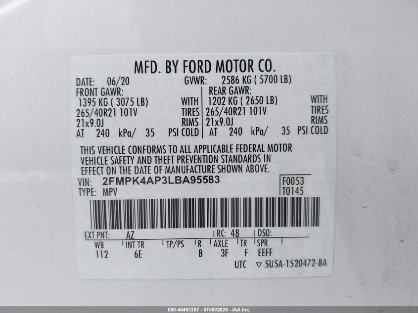 2020 Ford Edge VIN 2FMPK4AP3LBA95583 IAAI salvage auction — LEFT SIDE, Salvage Title, sold $8,700 on 2026-07-29 (photo 9)
