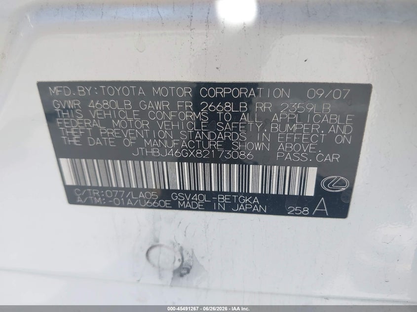 2008 Lexus ES VIN JTHBJ46GX82173086 IAAI salvage auction — REAR END, Salvage (Arizona), sold $675 on 2026-07-28 (photo 9)