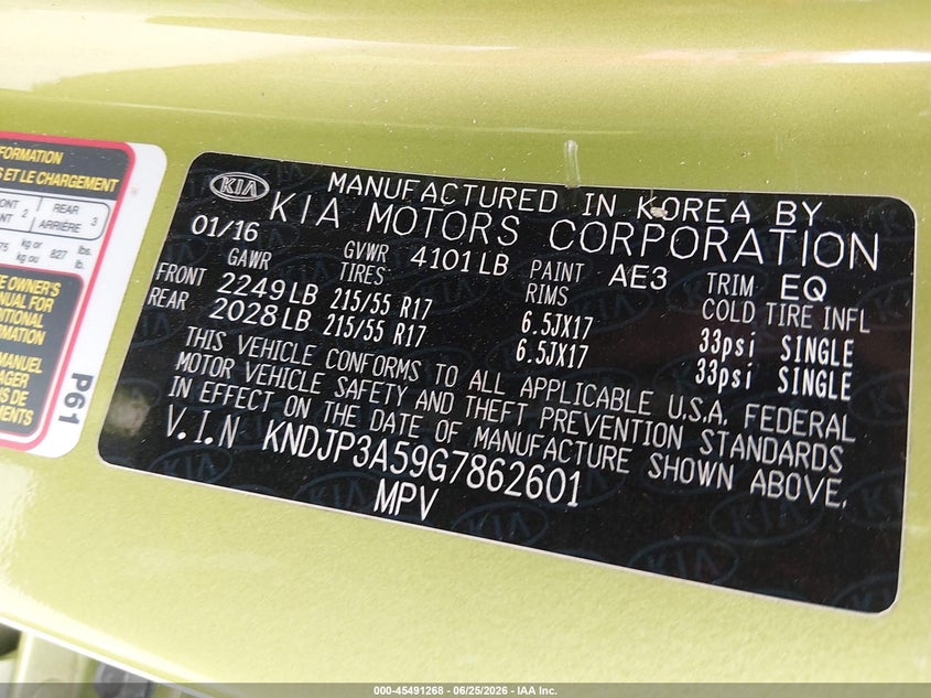2016 Kia Soul VIN KNDJP3A59G7862601 IAAI salvage auction — NORMAL WEAR, Original (Texas), sold $1,150 on 2026-07-13 (photo 9)