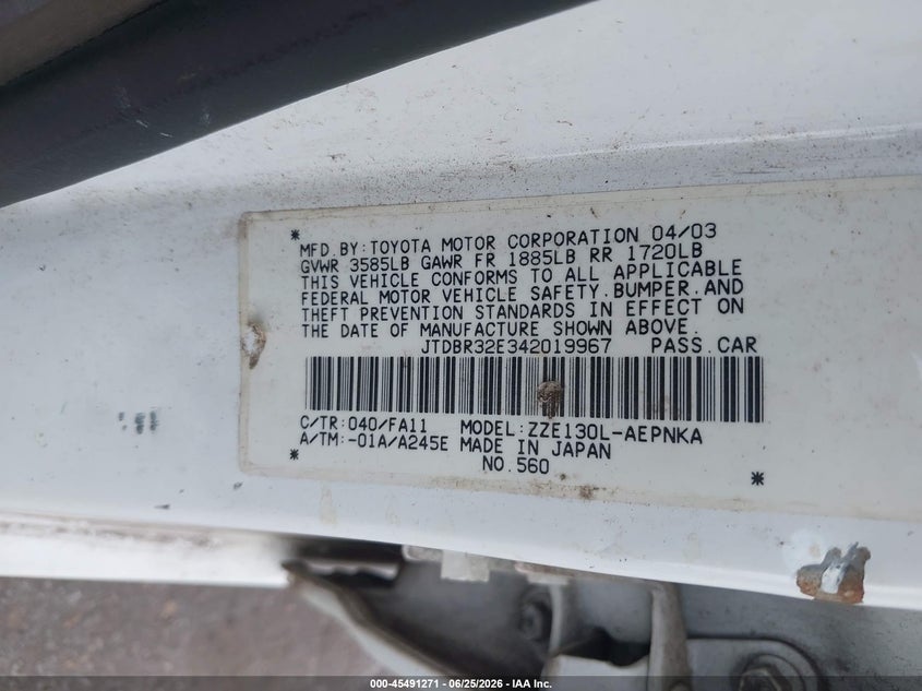 2004 Toyota Corolla VIN JTDBR32E342019967 IAAI salvage auction — NORMAL WEAR, Clear (Mississippi), sold $425 on 2026-07-28 (photo 9)