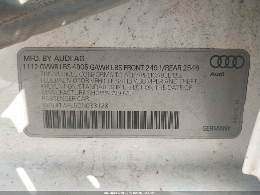 2013 Audi A4 VIN WAUFFAFL5DN033128 IAAI salvage auction — LEFT SIDE, Salvage (Idaho), sold $775 on 2026-07-22 (photo 9)