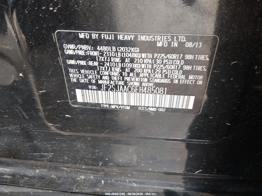 2014 Subaru Forester VIN JF2SJAAC6EH485081 IAAI salvage auction — REAR END, Salvage - Greater Than 75% (Maryland), sold $425 on 2026-07-30 (photo 9)