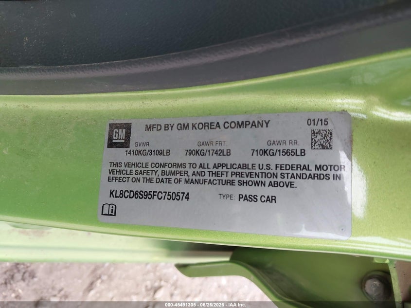 2015 Chevrolet Spark VIN KL8CD6S95FC750574 IAAI salvage auction — FRONT END, Clear (Michigan), sold $25 on 2026-07-27 (photo 9)